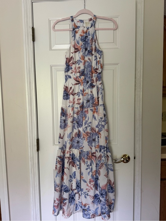 Dresses & Skirts - Floral Halter Maxi Dress in White with Blue & Coral Print